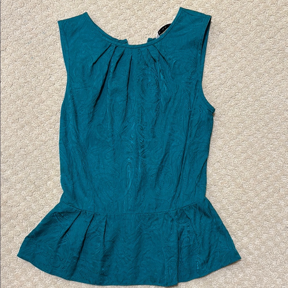 Trina Turk Silk Teal Sleeveless Peplum Top XS